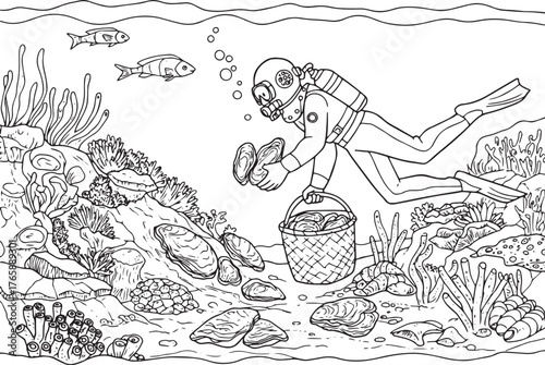 Underwater harvest depiction of diver collecting oysters in mono