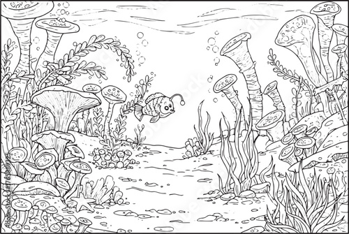 Underwater Scene Coloring Page with Fish and Seaweed and Coral R