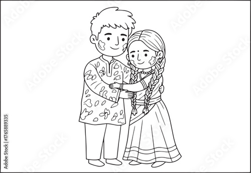 Charming line art of couple embracing during the vibrant Holi fe