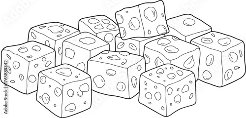 Hand drawn sketch of turkish delight cubes isolated on white bac