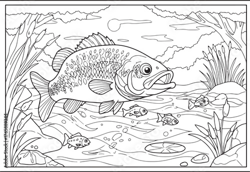 Coloring page of a fish with smaller fishes and aquatic plants i