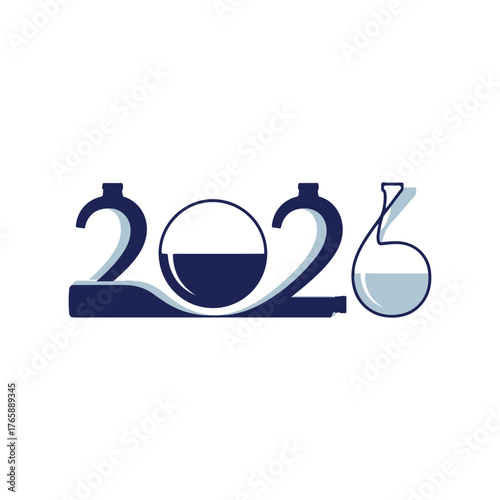 Vector art of the year 2026 represented in a stylized, artistic font, incorporating elements of laboratory glassware