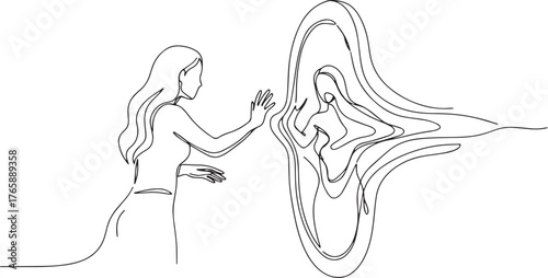Continuous line drawing of a woman reaching out to her reflectio