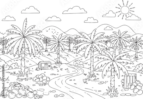 Outlined palm oil plantation landscape for coloring book illustr