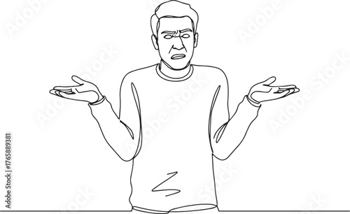 Expressive line art depicting a perplexed man with open palms ge