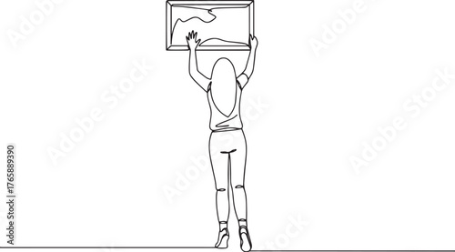 A woman reaching up and hanging a framed picture line art illust