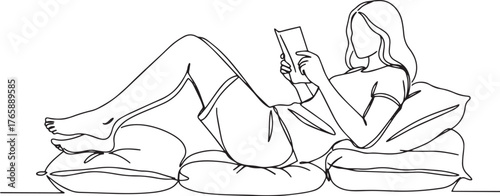 Continuous line drawing of a woman reading a book reclining on p