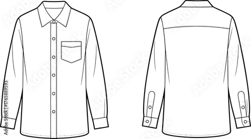 Classic button up shirt flat sketch, front and back view, detailed fashion cad drawing for apparel technical vector illustration design