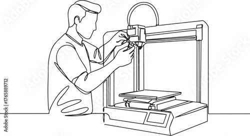 Continuous line drawing of a man repairing a 3D printer machine