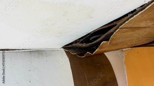 Ceiling damage visible in the corners of the room, revealing rotting wood or plaster peeling from the structure. Home problems include water infiltration and poor maintenance.
