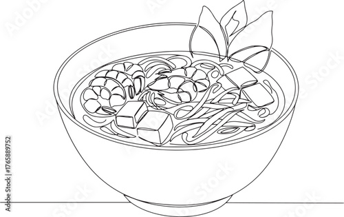 Contemporary single line illustration of laksa, a flavorful sout