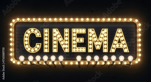 Cinema Sign with Lights, Retro, and Dark.
