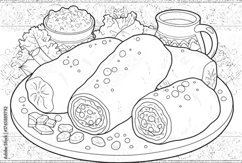 Detailed illustration of Romanian Sarmale dish with mamaliga and