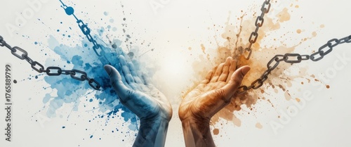 Panel kuchenny z motywem watercolor Illustration of International human rights day concept: Silhouette people hands rising with chains on, over blurred abstract colorful sunset background, people hands rising over