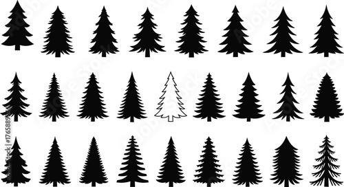 Pine tree silhouette collection, forest vector set, evergreen clipart, conifer icons, nature graphic, black trees, diverse foliage illustration