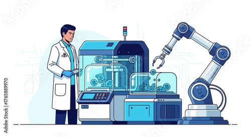 Modern biotechnology research featuring automation and human interaction in a laboratory setting