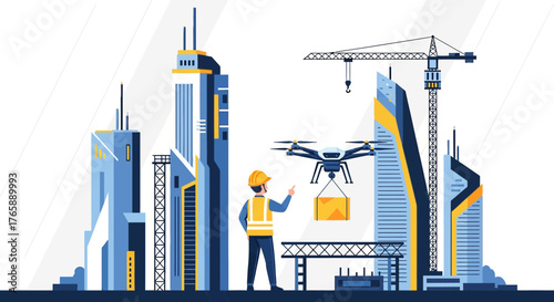 Modern construction with drone delivery and supervisor in futuristic city background