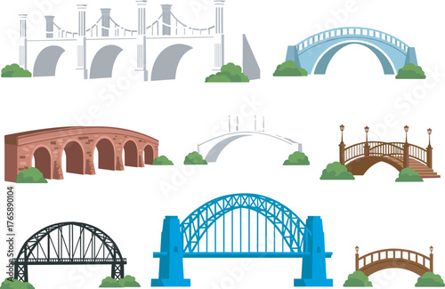 Bridge illustration set, architectural styles, stone, steel, wood, modern design, park environment, construction diversity, vector art, infrastructure concept, engineering reference