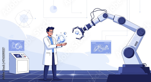 Modern technology research with robotic arm and scientist for advanced materials synthesis processes