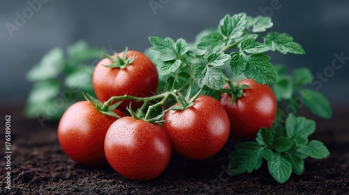 Close Up Botanical Photo of Fresh Red Tomatoes on the Vine with Water Droplets and Green Leaves on Dark Soil