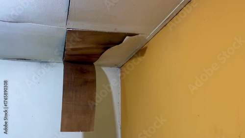 Ceiling damage visible in the corners of the room, revealing rotting wood or plaster peeling from the structure. Home problems include water infiltration and poor maintenance.