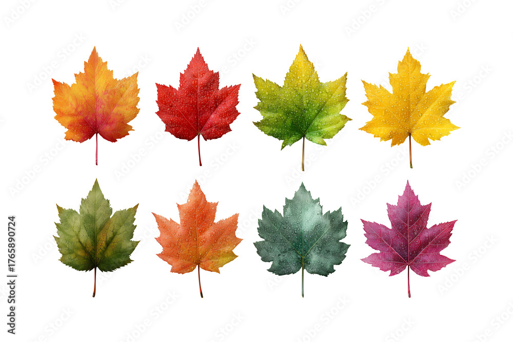 Fototapeta premium Eight vibrant maple leaves in autumn colors displayed against a dark backdrop for seasonal design elements isolated on transparent background