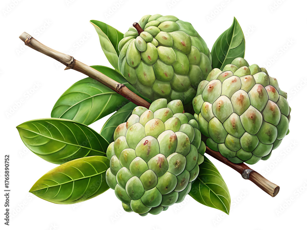 Obraz premium Artistic Render of Three Sugar Apples on a Branch with Green Leaves