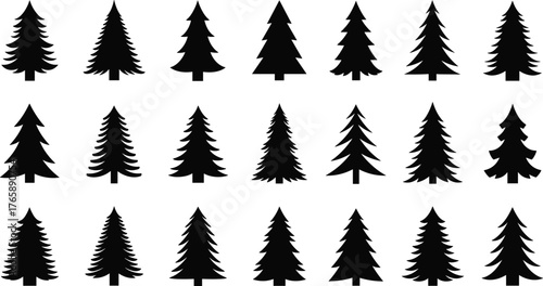Pine tree silhouette grid, evergreen vector icons, conifer clipart, black trees, nature graphic, stylized shapes, forest illustration set