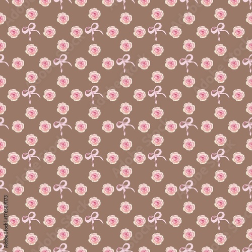 Romantic seamless pattern featuring delicate pink roses and sweet ribbons on a rich chocolate brown background. The design is charming, vintage, and feminine, perfect for confectionery, fabric, gift