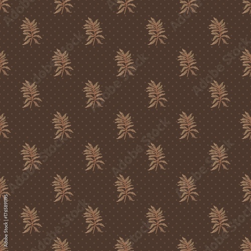 Seamless tropical pattern with brown palm leaves on a dark chocolate background and subtle dots. Elegant, natural design perfect for textiles, wallpapers, packaging, and boho interior decor
