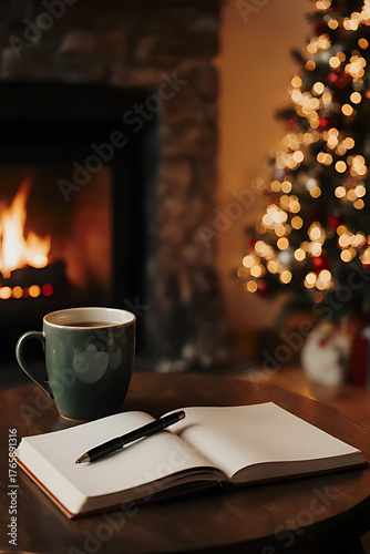 Cozy Winter Evening with a Cup of Coffee, Open Notebook and Pen by a Warm Fireplace and Christmas Tree

