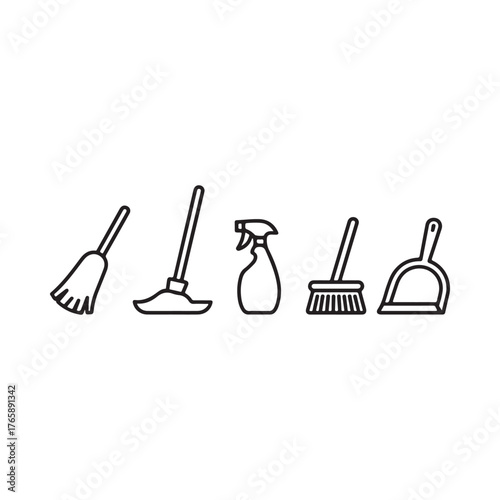 Hand drawn cleaning tools collection broom mop spray bottle dustpan