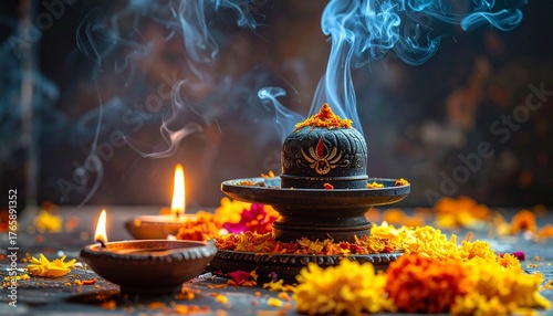 Decorated Shiva Lingam with Rising Incense Smoke, Flowers, and Diyas for Pradosh Vrat