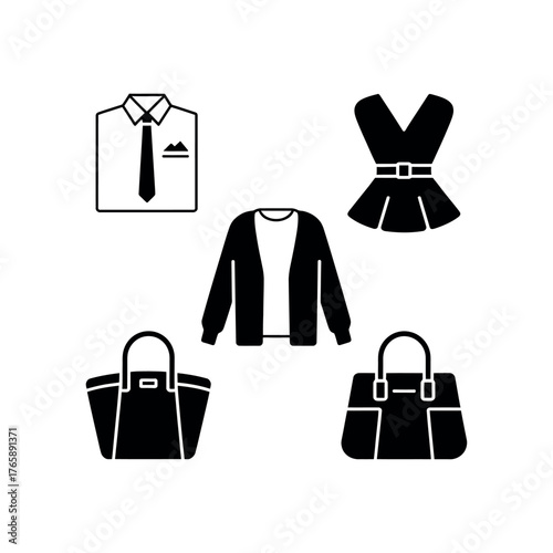 Black and white icons of clothing and accessories arranged on white background fashion graphic