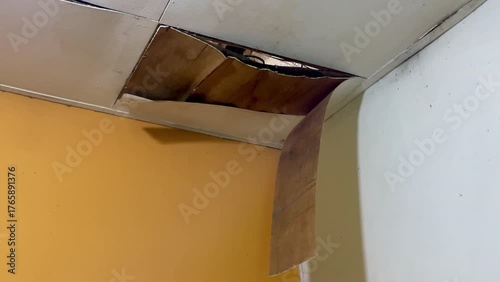 Ceiling damage visible in the corners of the room, revealing rotting wood or plaster peeling from the structure. Home problems include water infiltration and poor maintenance.