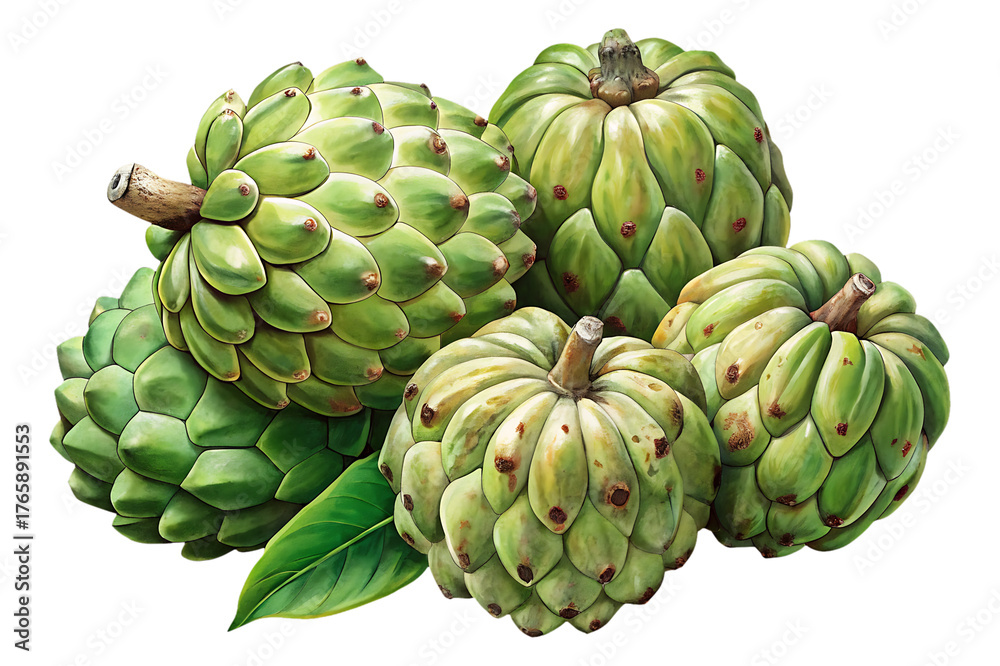 Obraz premium Still life arrangement showcasing a cluster of custard apples in various stages of ripeness