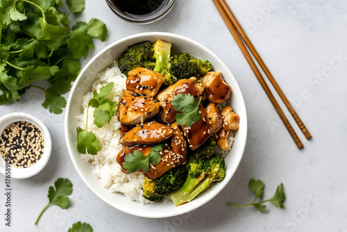 Top view of healthy tofu bowl with broccoli and rice on white background. Vegetarian food concept