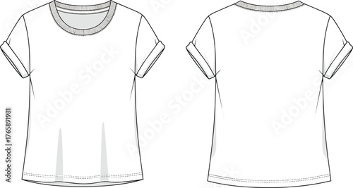 Basic women’s short sleeve t-shirt front and back view, rolled cuff tee fashion template, clothing design outline, cad drawing flat vector illustration