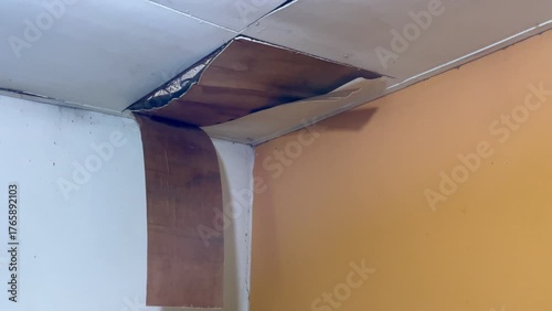 Ceiling damage visible in the corners of the room, revealing rotting wood or plaster peeling from the structure. Home problems include water infiltration and poor maintenance.