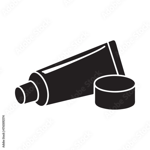 Black and white icon of a tube of cream with its cap off