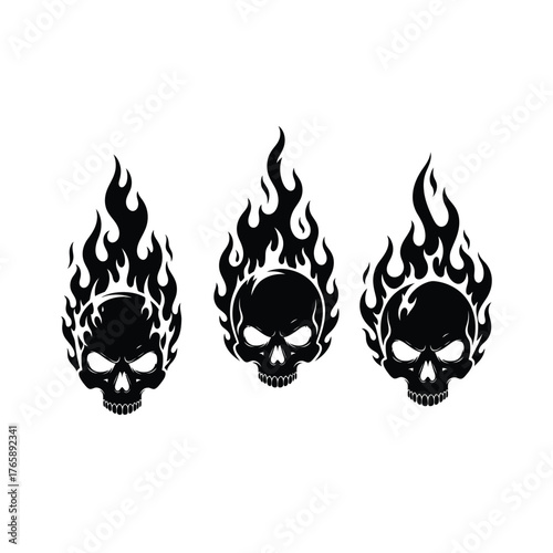 Three stylized black skulls engulfed in flames set against a white background