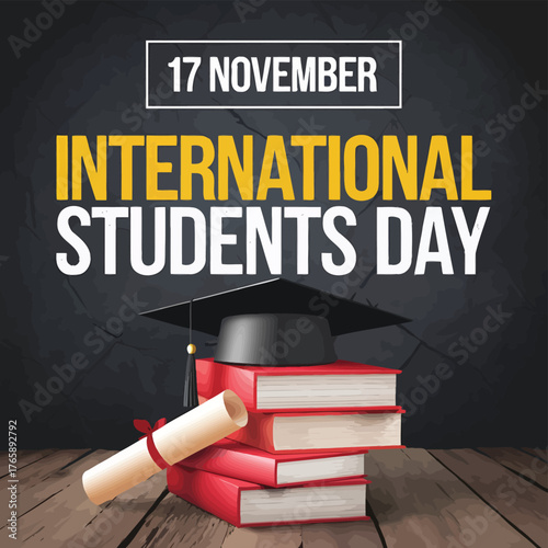 Vector art of international students day celebrated on november 17th with graduation cap, diploma scroll, and stack of books on a wooden table, symbolizing education and achievement