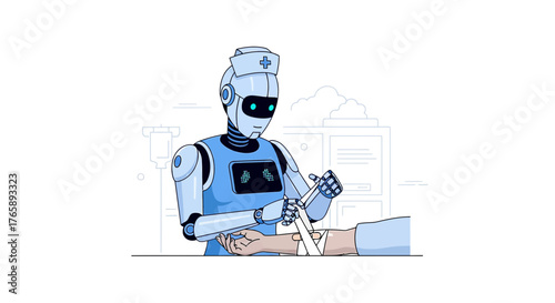Robot nurse bandages a patient's arm offering futuristic automated healthcare service