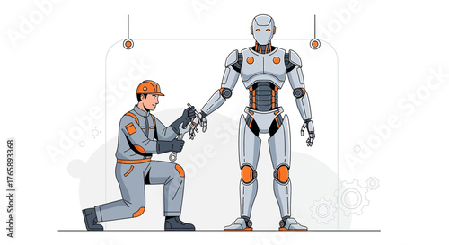 Robotics engineering concept illustrating a technician repairing a humanoid robot system