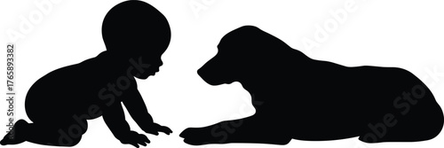  Baby and dog silhouette vector, black illustration of crawling infant and lying pet, interaction pose design, emotional bonding concept, animal friendship artworkt