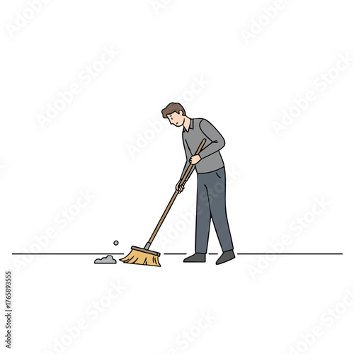 Professional industrial worker sweeping debris from the factory floor using a push broom, performing diligent cleaning and maintenance duties in a modern, minimal 2D flat illustration style.