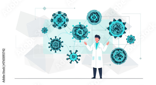 Scientist Explores Virus Structure with Futuristic Interface Demonstrating Medical Innovation for