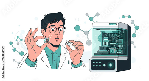 Scientist inspecting innovative components fabricated using advanced 3D printing technology for