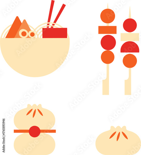 Abstract Geometric Vector Composition of Traditional Asian Street Food Icons.