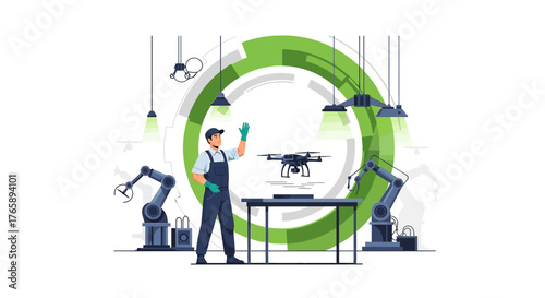 Technician overseeing drone technology with robotic assistance in a futuristic setting within